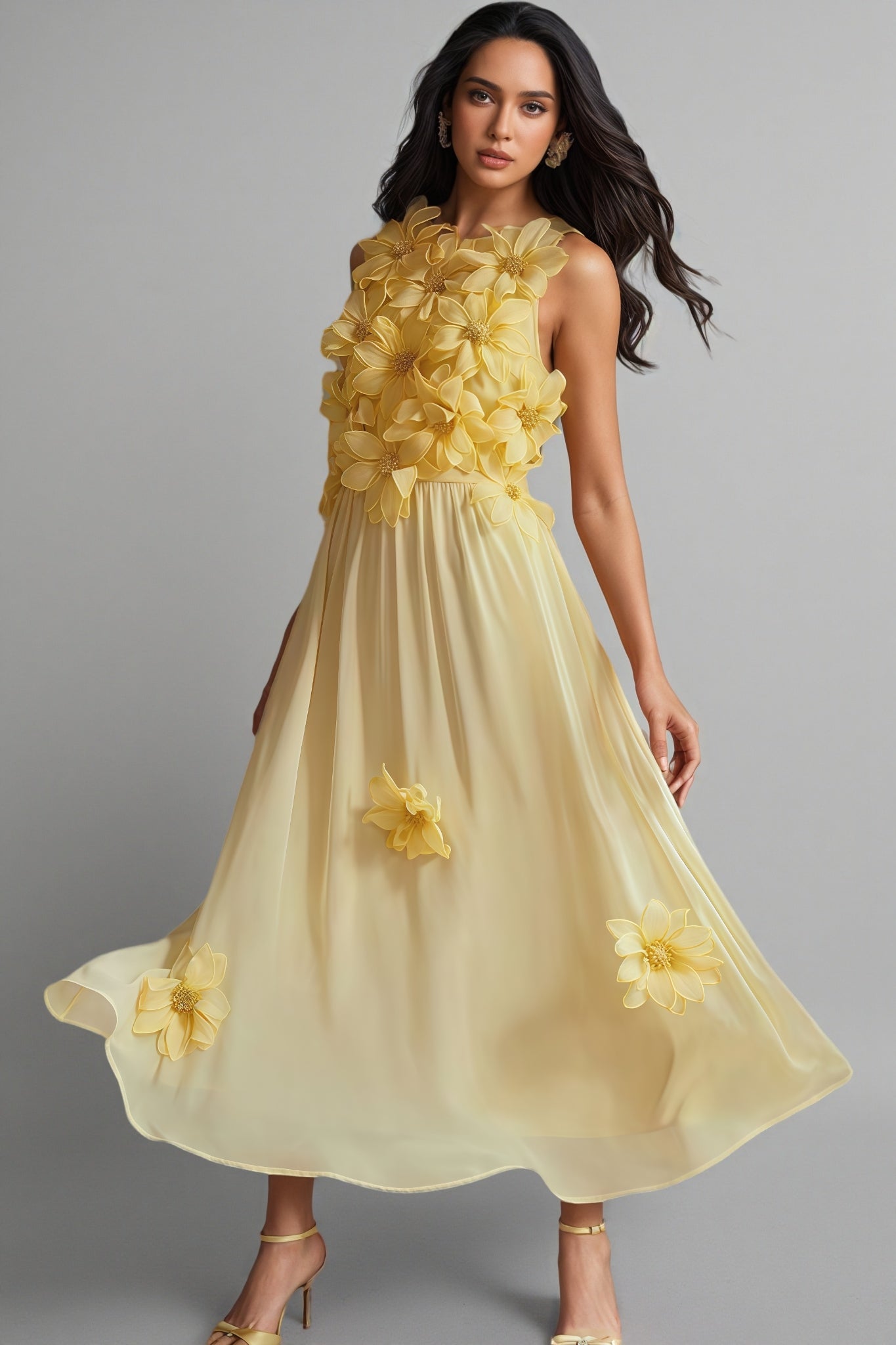 Xaelyth Yellow 3D Floral Maxi Dress