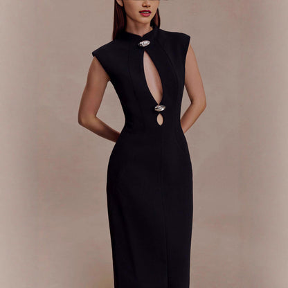 Fitted Straight-Line Evening Dress with High Neck