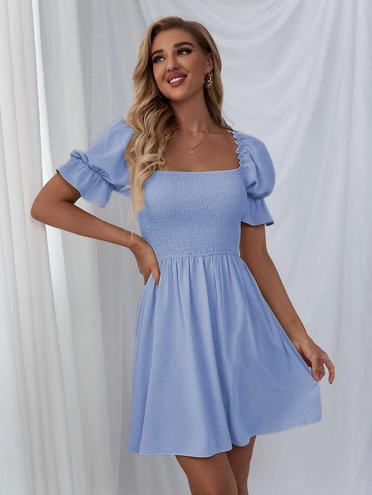 Leroy Linen Blend Puff Sleeve Babydoll Dress Aqua