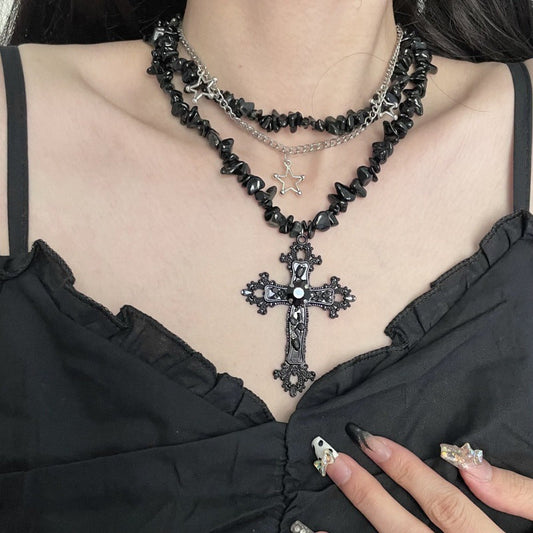 Diamond Cross Star Double Layer Hiphop Dark Necklace