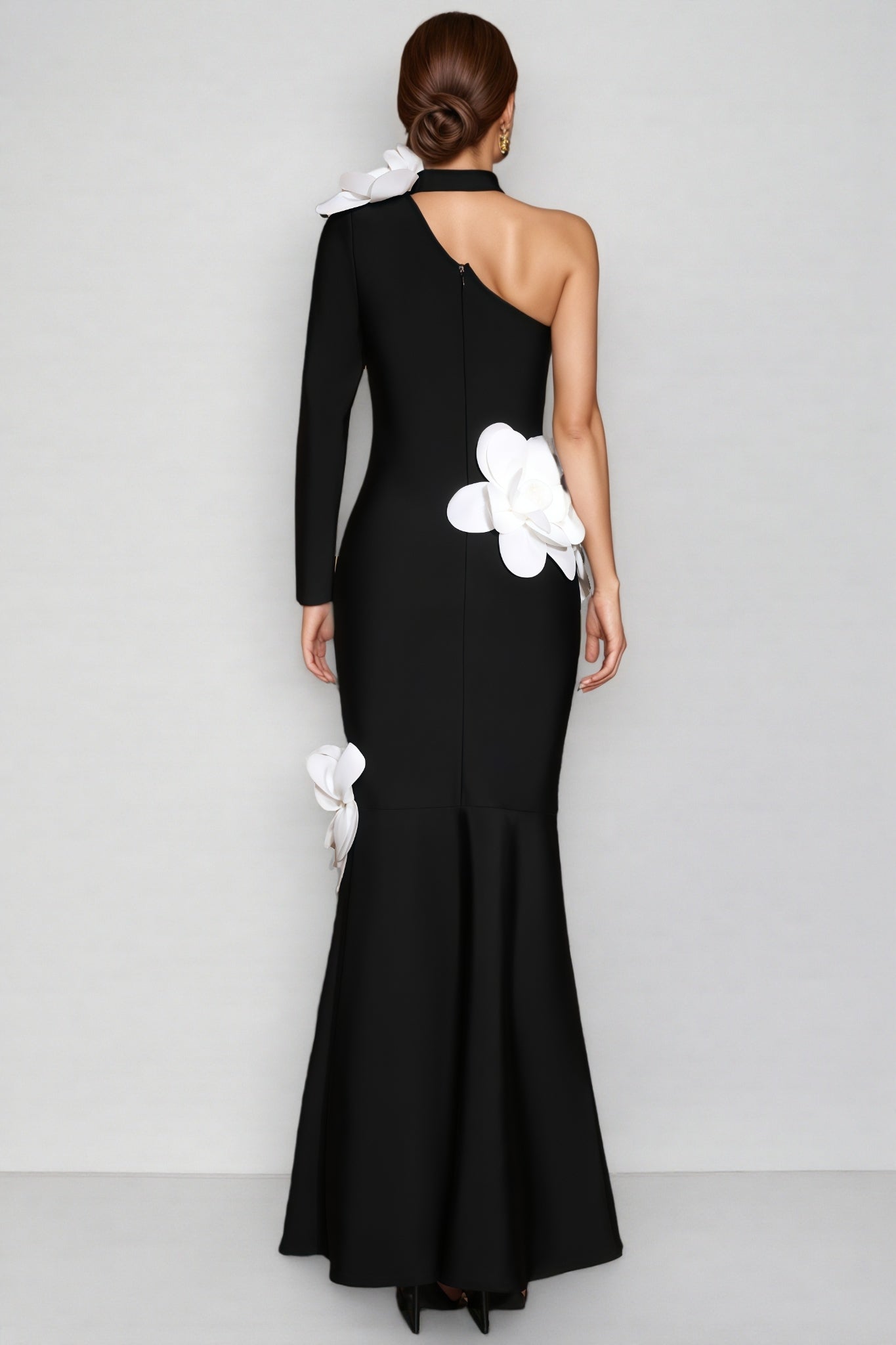 Zellk One Shoulder 3D Floral Bandage Maxi Dress