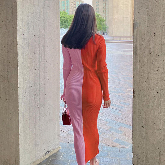 Abril Colorblock Button Front Knit Midi Dress Red Tan
