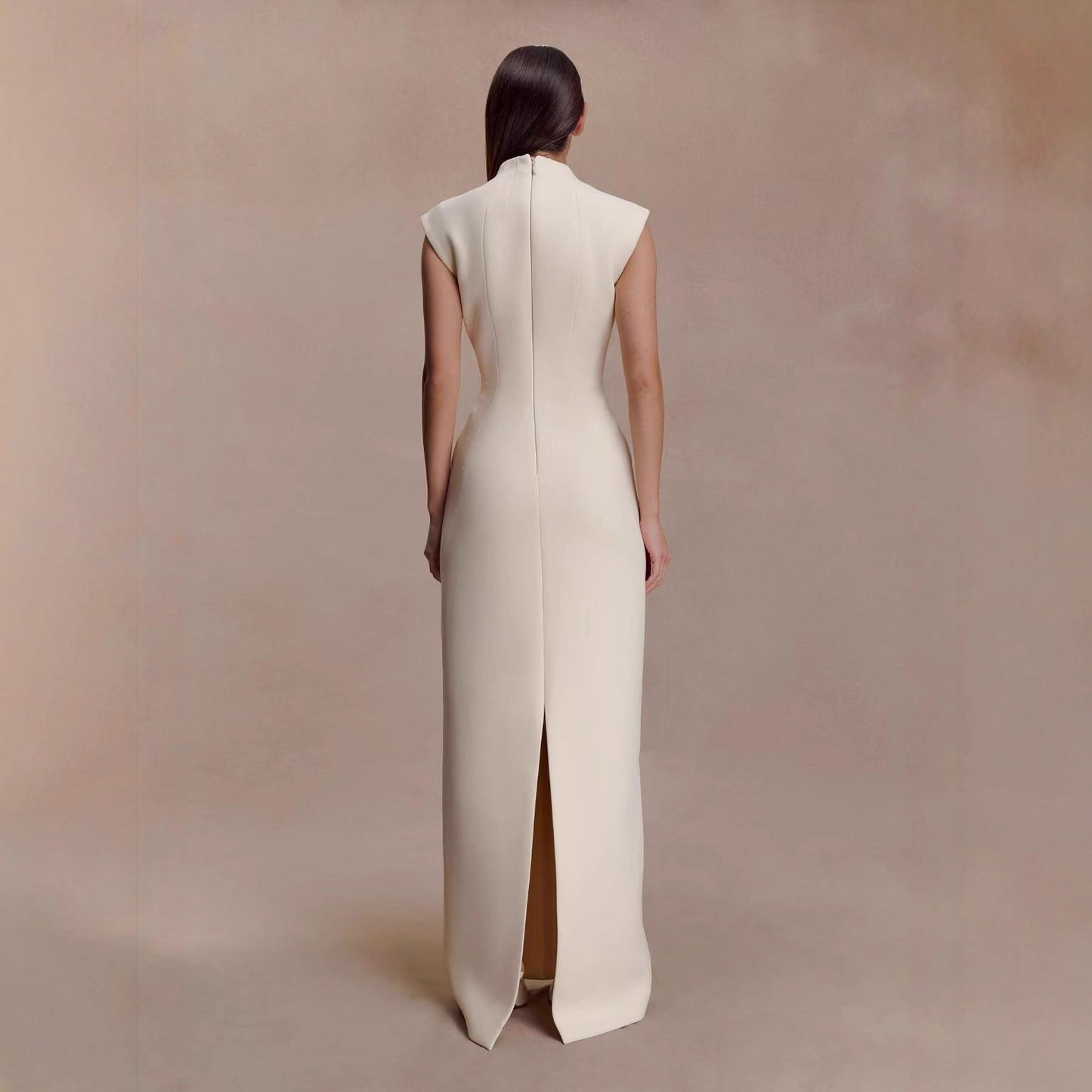 Fitted Straight-Line Evening Dress with High Neck