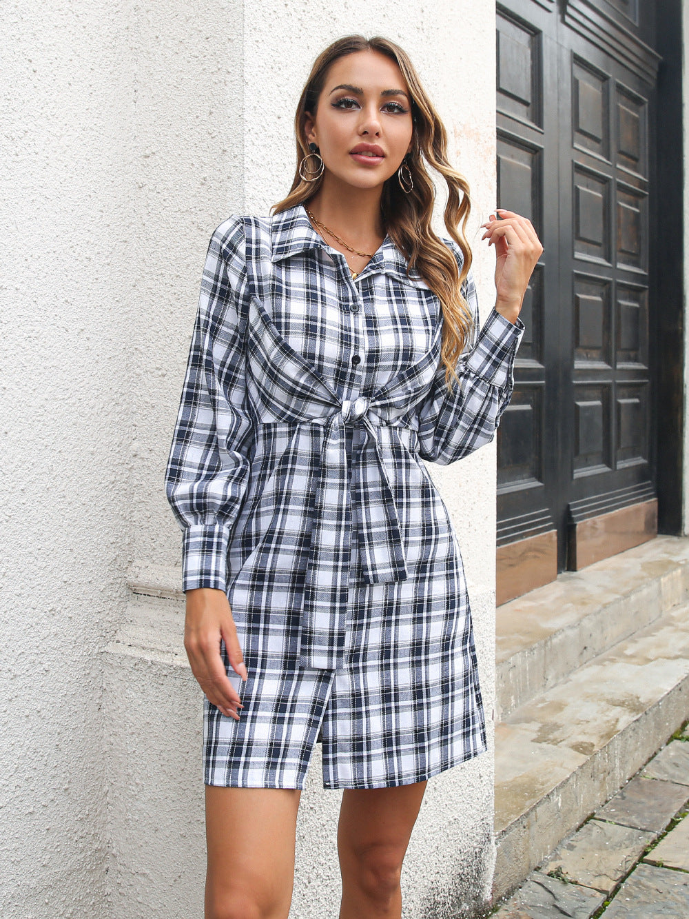 Archie Cotton Ruched Plaid Shirt Dress FINAL