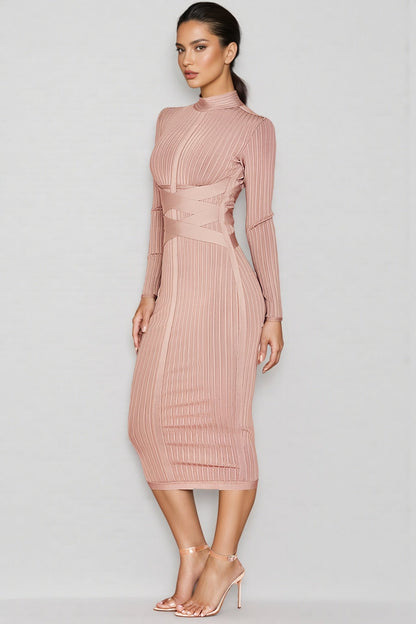 Layra Solid Colour Stand Collar Midi Dress-Brown