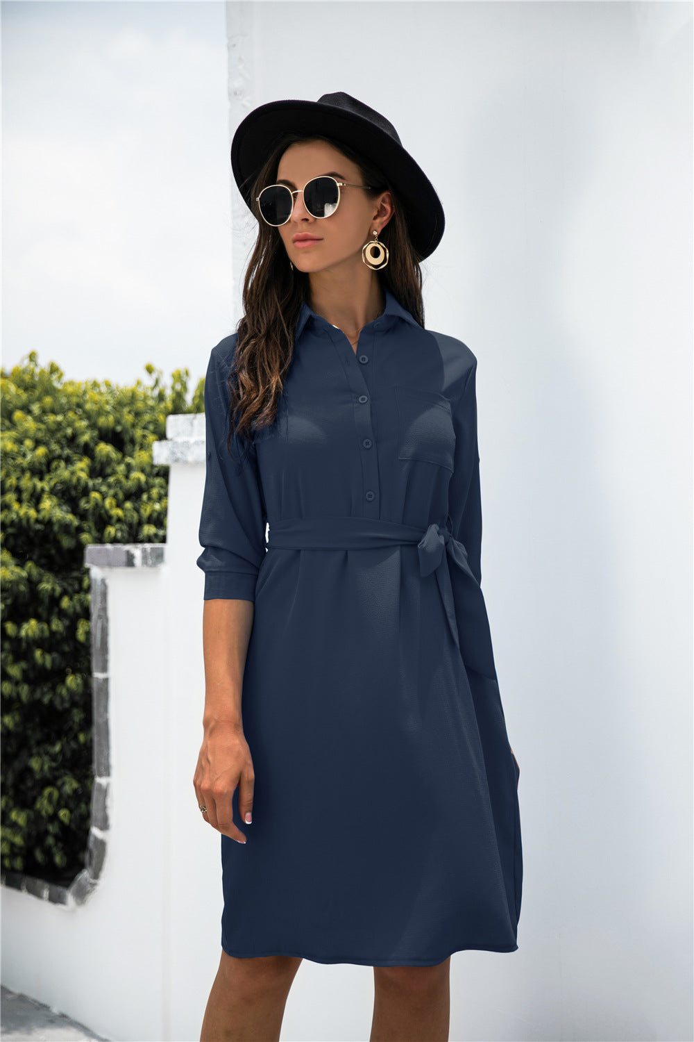 Office Chic Button Down Shirt Dress Navy