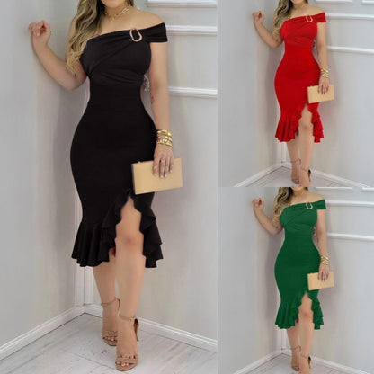 Natacha Minimalist Women's Evening Dress with Off the Shoulder Design and Voluminous Skirt Boutique Collection