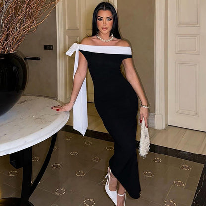 off Shoulder Ribbon Slim Solid Color Dress