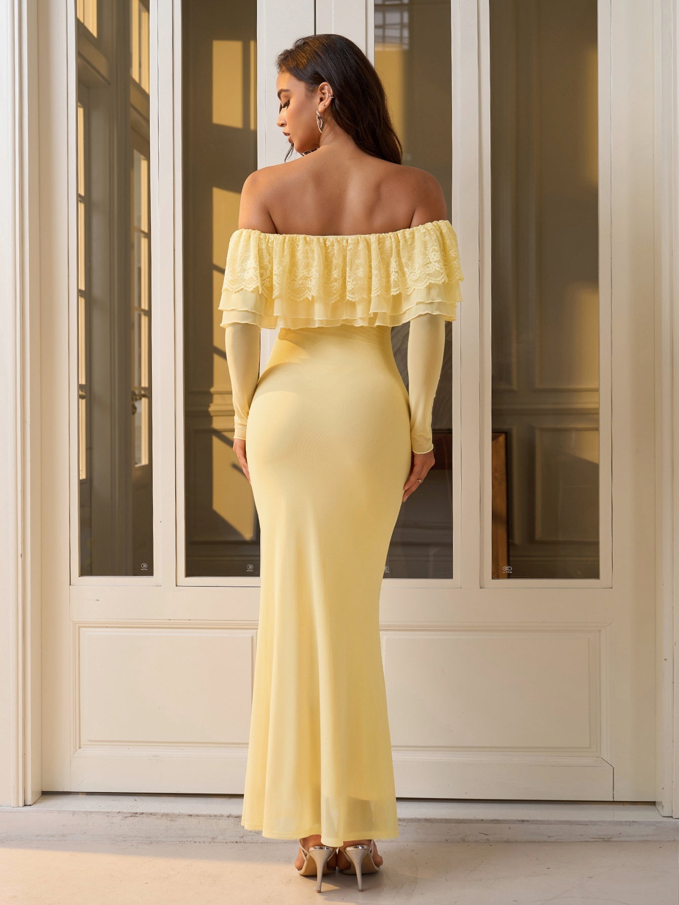 Off Shoulder Long Sleeve Bodycon Mesh Dress