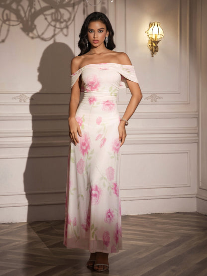 Off Shoulder Ruched Floral Print Dress