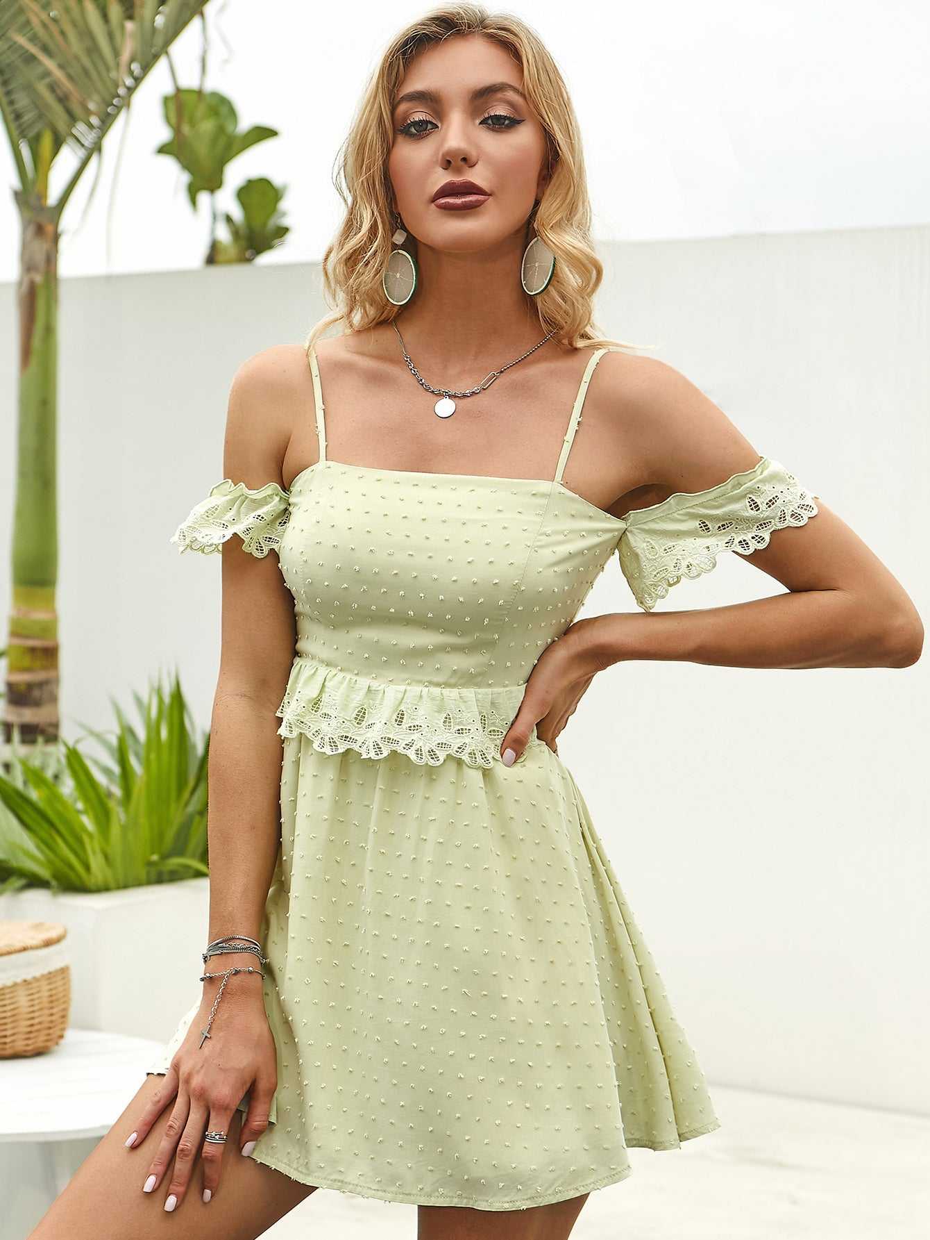 Off Shoulder Ruffle Detail Lace Trim Cami Dress