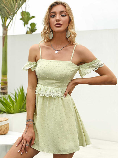 Off Shoulder Ruffle Detail Lace Trim Cami Dress