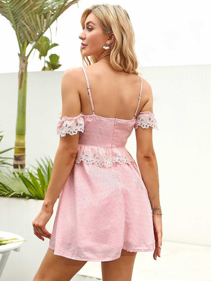 Off Shoulder Ruffle Detail Lace Trim Cami Dress