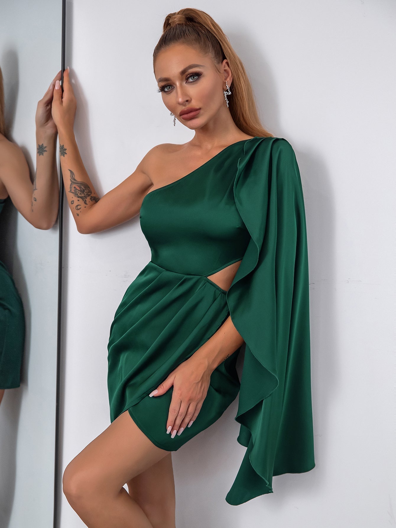 One Shoulder Drape Side Cut Out Satin Dress
