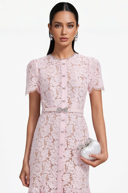 Ariela Pink Lace Bow Trim Midi Dress
