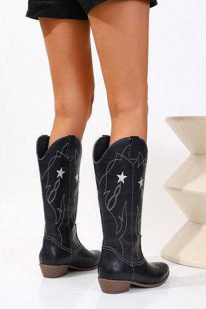 Pentagram Embroidered Chunky Heel Western Boots