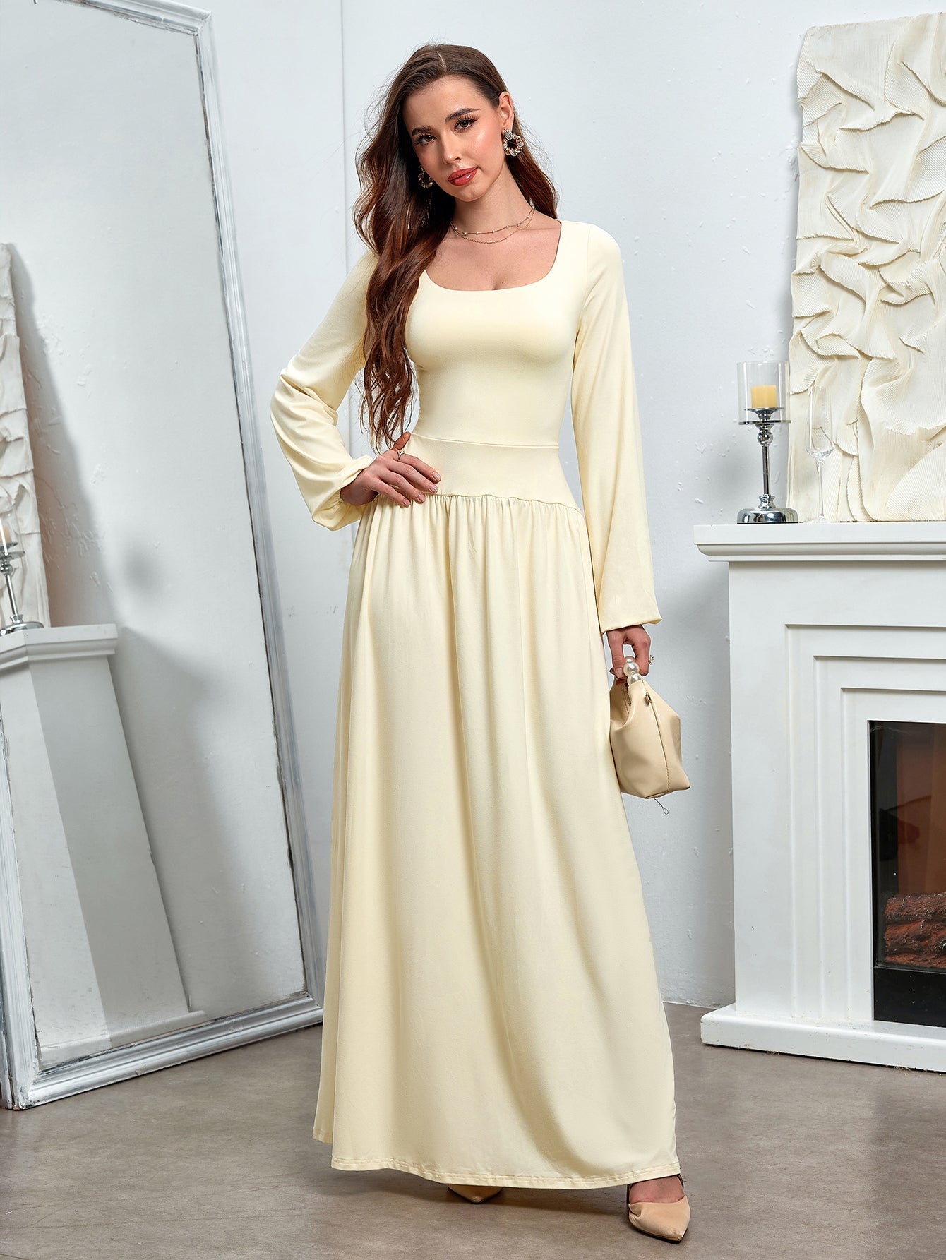 Puff Sleeve Square Neck Flared Bodycon Long Dress