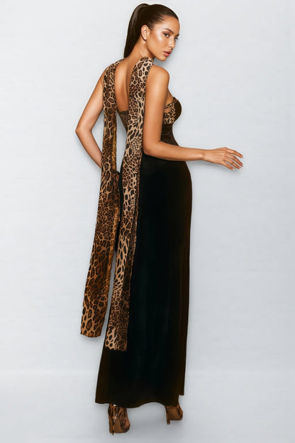 Reggie Strapless Leopard Velvet Maxi Dress
