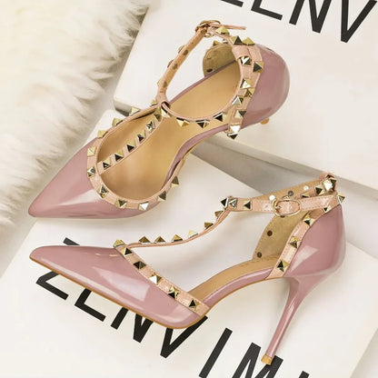 Rivet Pointed Toe Designer Hollow Red Fine High Heel  High Heel