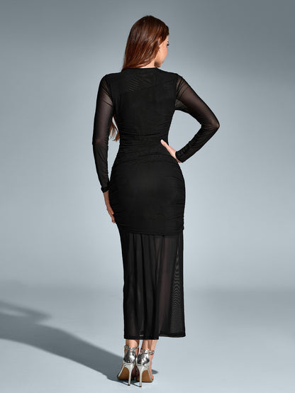 Round Neck Ruched Mesh Bodycon Dress