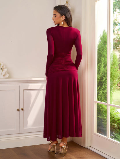 Ruched Crisscross Waist Split Thigh Mesh Dress