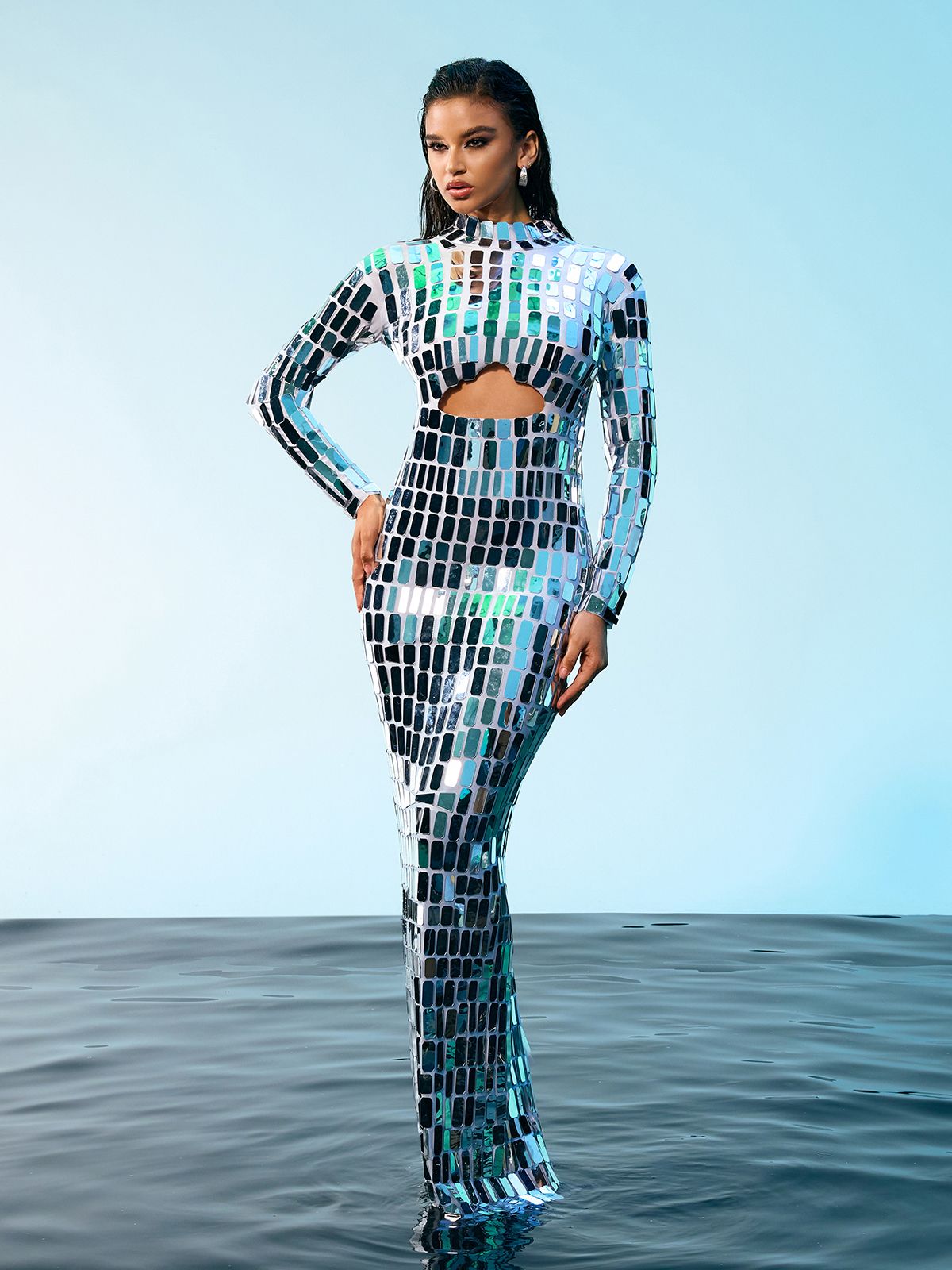 Acrylic Embellished Cutout Maxi Dress