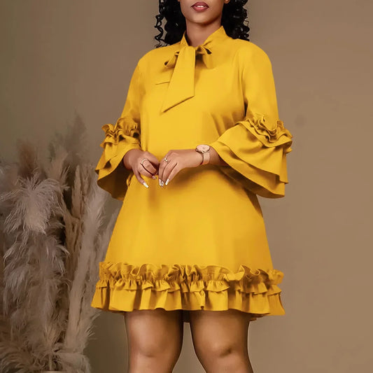 Women Solid Pleated Ruffles Hem High Neck Mini Dress