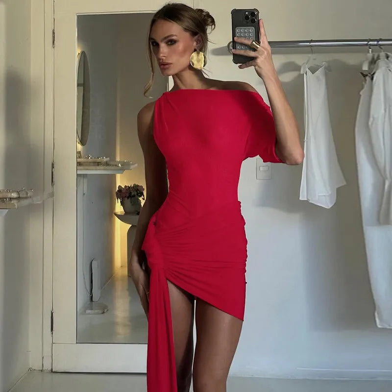 Oblique - Shoulder Backless Irregular Draped Dress