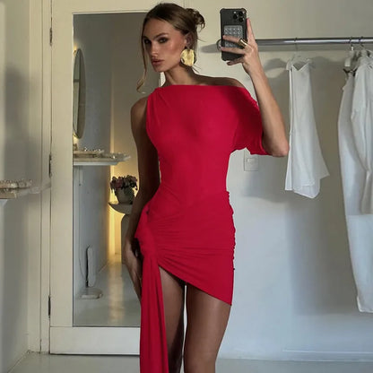 Oblique - Shoulder Backless Irregular Draped Dress