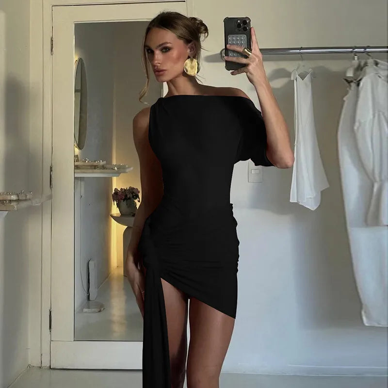 Oblique - Shoulder Backless Irregular Draped Dress