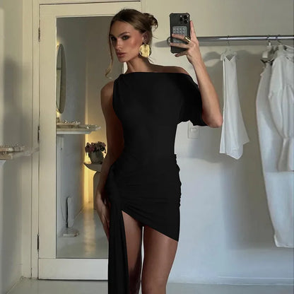 Oblique - Shoulder Backless Irregular Draped Dress