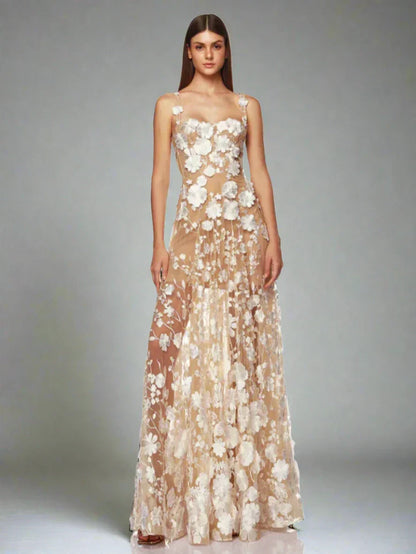Floral Embroidered Mesh Maxi Dress