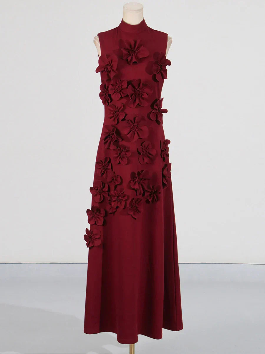 3D Flower Appliqué Mock Neck Midi Dress