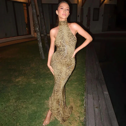 Halter Leopard Embellished Long Dress