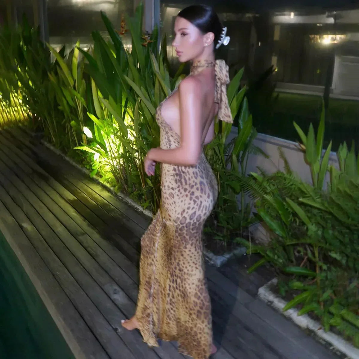 Halter Leopard Embellished Long Dress