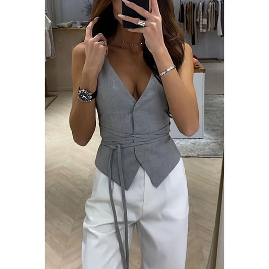 Lace Up Sleeveless White Blouse