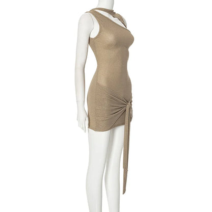 Beige Sequin Wrap Mini Dress