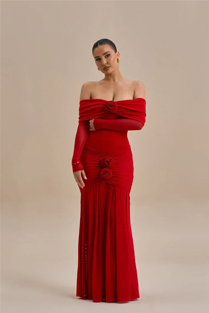 Off - shoulder Strapless Rose Long Sleeve Dress