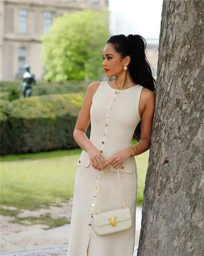 Knit Maxi Dress with Pockets Button - Front