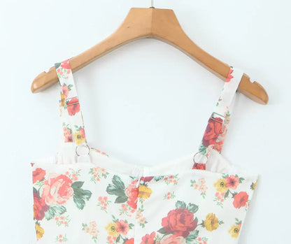 Flower Print Corset Style Ruffles Hem Midi Dress