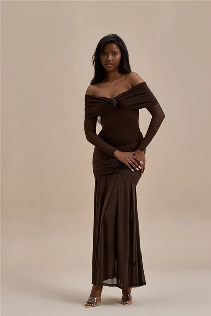Off - shoulder Strapless Rose Long Sleeve Dress