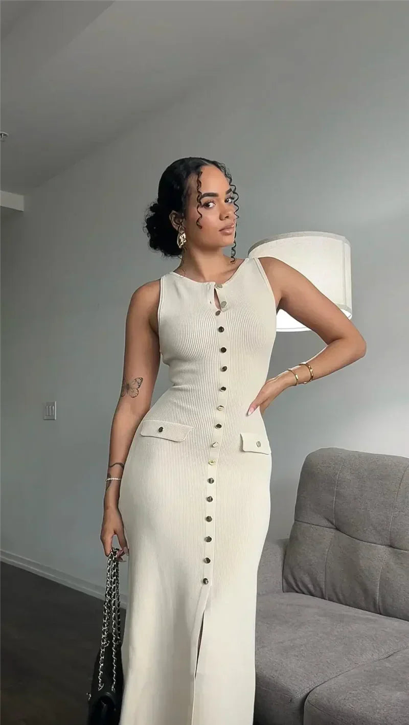 Knit Maxi Dress with Pockets Button - Front