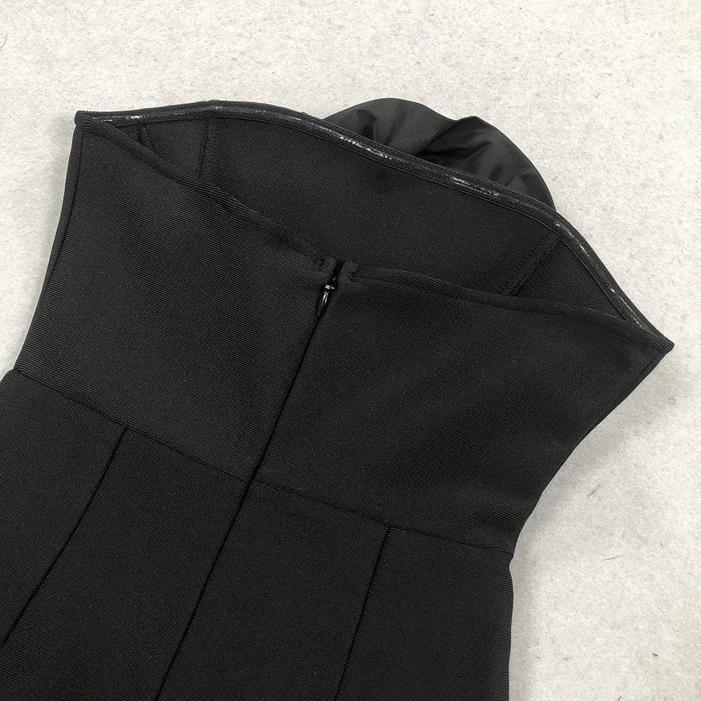 3D Flower Strapless Asymmetric Black Maxi Dress