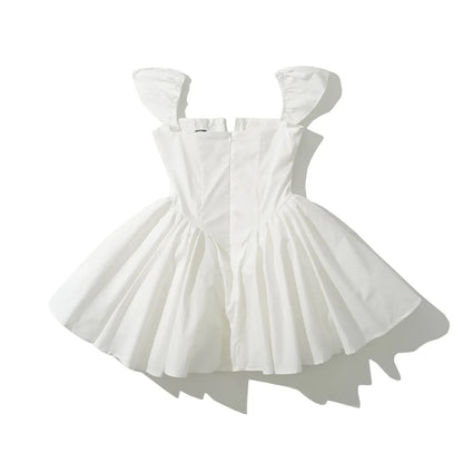 White Slit V Collar Short Sleeve Corset Style Mini Dress