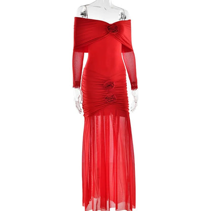 3D Flower - appliqué Mesh Long Sleeve Fishtail Maxi Dress