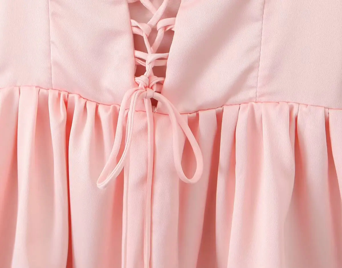 2025 Pleated Design Tie up Sleeveless Summer Dresses Women Solid Color Slim Fit Mini Dress Simple Fashion Party Dress
