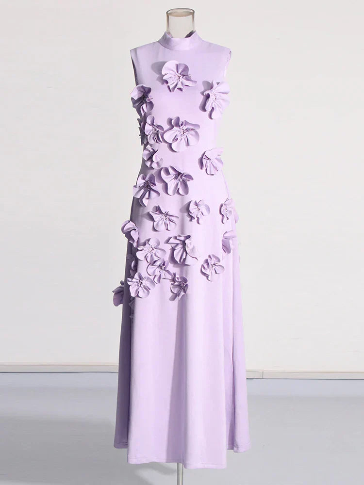 3D Flower Appliqué Mock Neck Midi Dress
