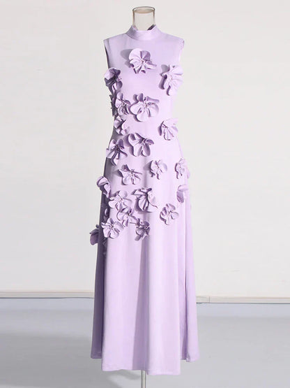 3D Flower Appliqué Mock Neck Midi Dress