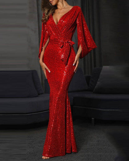 Elegant Sequins Mermaid Evening Dress Long Sleeve VNeck High Waist Corset Dress