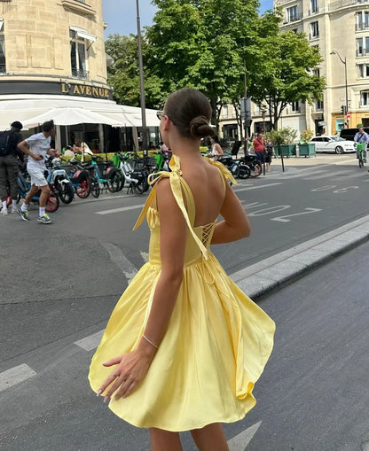2025 Pleated Design Tie up Sleeveless Summer Dresses Women Solid Color Slim Fit Mini Dress Simple Fashion Party Dress